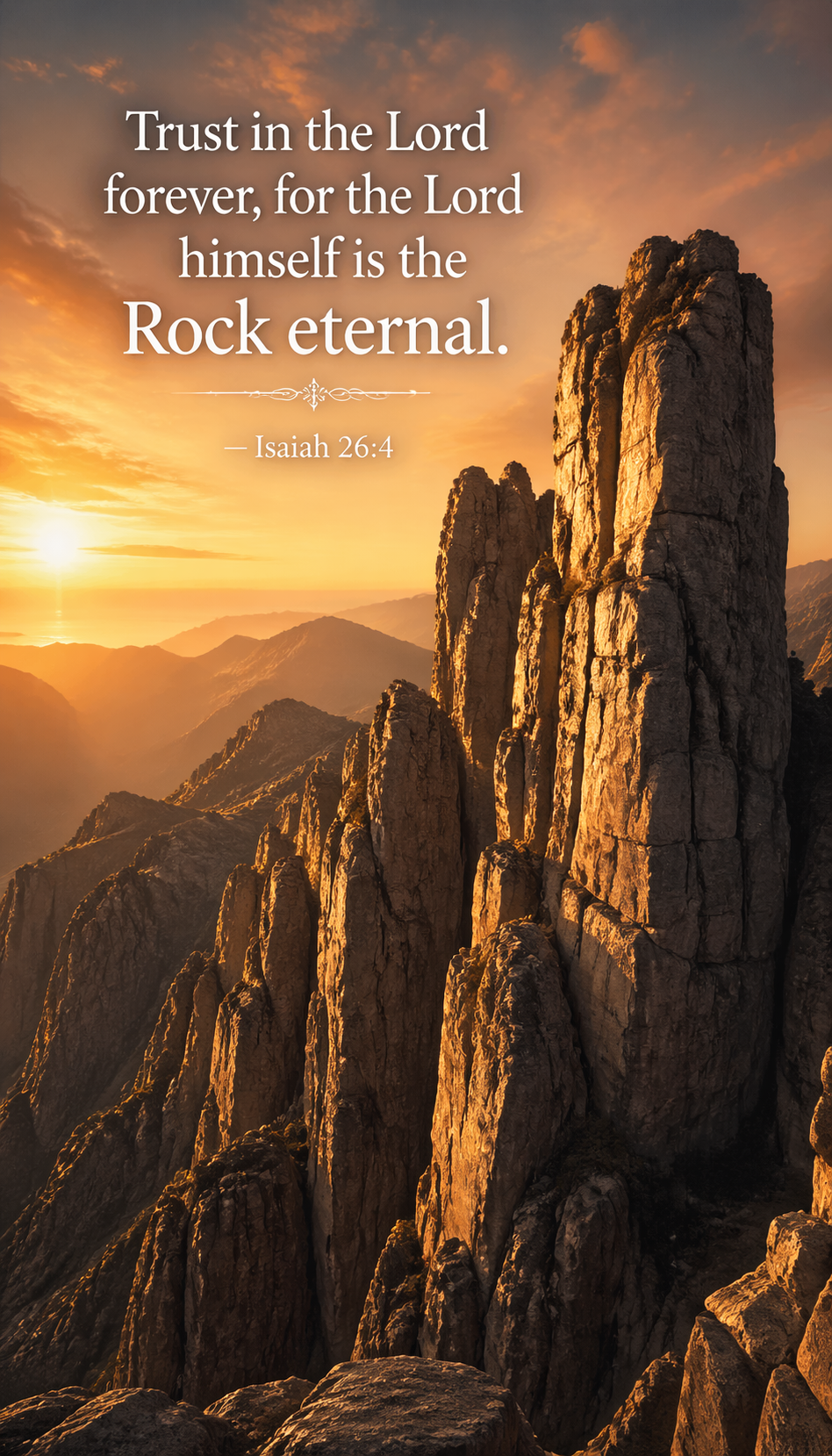 Towering ancient rock formations at sunrise golden light dramatically illuminating stone faces deep shadows -- Isaiah 26:4 rock eternal vertical wallpaper